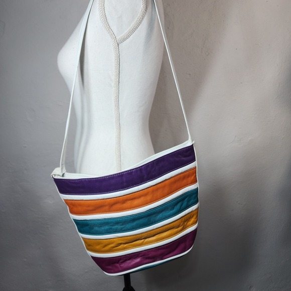 Vintage Handbags - Vintage Striped Leather Shoulder Bag Multi Color Rainbow White Boho 90s USA